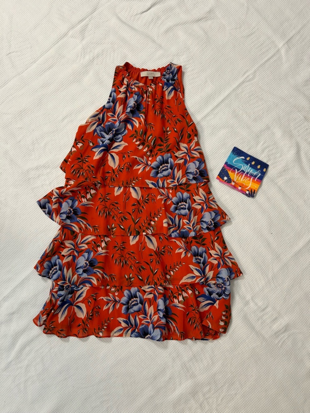 LOFT Orange Floral Halter Dress with Blue and Cream Accents